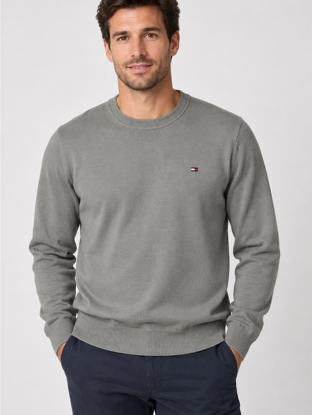 Tommy Hilfiger Men’s Crewneck Sweater Gray 100% Cotton Long Sleeve Size L